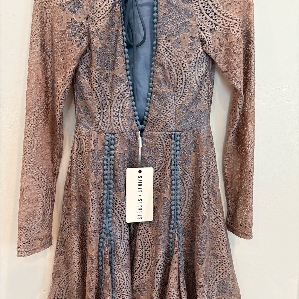 Chic Long Sleeve Lace Dress in Pink and Gray